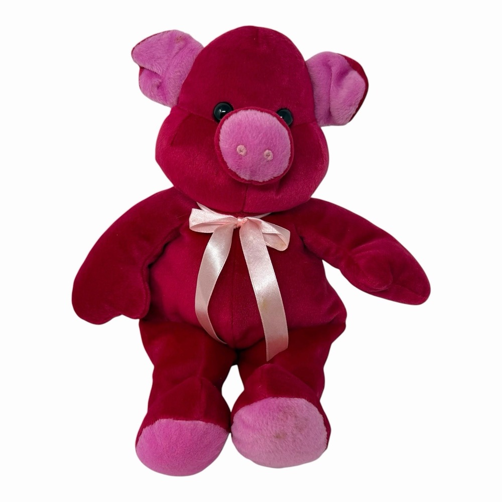 Kellytoy Magenta Pink Pig Plush Stuffed Animal Bean Bag Toy with‎ Ribbon 9 inch
